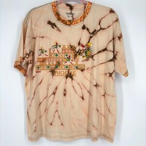 Vandine Moche Peru T-Shirt Bleach Dyed Graphic Tee Aztec Tribal Mens L Brown